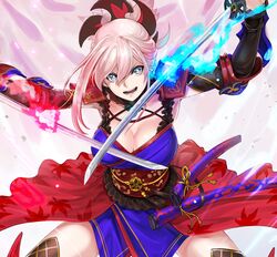  asymmetrical_hair blue_eyes blue_kimono breasts cleavage commentary_request detached_sleeves dual_wielding fate/grand_order fate_(series) female holding japanese_clothes katana kimono korean_commentary large_breasts mhg_(hellma) miyamoto_musashi_(fate) miyamoto_musashi_(second_ascension)_(fate) obi open_mouth pink_hair ponytail sash scabbard sheath short_kimono sleeveless sleeveless_kimono solo stance sword thighhighs weapon 