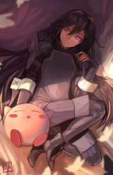  blue_eyes blue_hair commentary_request female fire_emblem fire_emblem_awakening godsh0t highres kirby kirby_(series) long_hair lucina_(fire_emblem) lying photoshop_(medium) shoulder_pads sleeping smile super_smash_bros. symbol_in_eye tiara very_long_hair 