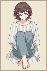  barefoot brown_hair closed_eyes commentary_request female full_body glasses hugging_own_legs matsuki_(mikipingpong) original pants simple_background sitting smile solo 