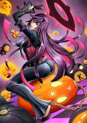  alternate_color arc_system_works artist_request ass ball_and_chain ball_and_chain_restraint belt black_hair bodysuit breasts candy familiar female gloves guilty_gear guilty_gear_xrd halo jack-o_(guilty_gear) large_breasts lollipop long_hair looking_at_viewer multicolored_hair pink_hair purple_eyes purple_hair sideboob smile two-tone_hair very_long_hair 