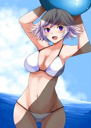  arms_up ass_visible_through_thighs ball beachball bikini blue_eyes blue_hair breasts cleavage cloud cloudy_sky commentary_request day dutch_angle farrah_(granblue_fantasy) female granblue_fantasy han_(jackpot) holding large_breasts navel ocean outdoors short_hair sky swimsuit thigh_gap wet white_bikini 