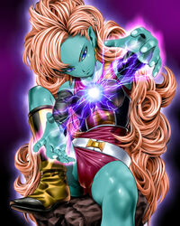  armor atto_(eroban) blue_eyes blue_skin boots cameltoe detached_sleeves dragon_ball dragon_ball_z earrings female female jewelry leg_lift long_hair orange_hair pointy_ears sitting solo spread_legs very_long_hair zangya 