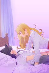  2girls animal_ears bed_frame black_bra black_hair blake_belladonna blonde_hair blush bra breasts brown_eyes cat_ears collared_shirt commentary from_side gradient_background grin long_hair long_sleeves lying multiple_girls on_back on_bed open_clothes open_shirt pillow pink_background purple_background purple_eyes rwby shirt short_sleeves sideboob smile udo_(zzinya) underwear wavy_hair white_shirt wristband yang_xiao_long yuri 