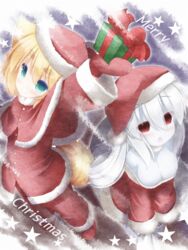  2girls blonde_hair blue_eyes blue_skin colored_skin commentary_request hat highres long_hair multiple_girls nightmare_cat pixiv_mahou_gakuen red_eyes santa_costume santa_hat white_hair 