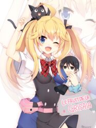  1boy ahoge blonde_hair bow bowtie chibi commentary_request feline female grisaia_(series) grisaia_no_kajitsu hair_ribbon kazami_yuuji looking_at_viewer matsushima_michiru oerba_yun_fang one_eye_closed open_mouth red_bow red_bowtie rento_(rukeai) ribbon short_sleeves smile twintails zoom_layer 