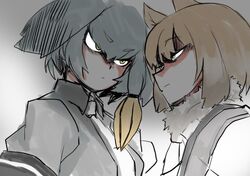  2girls animal_ears bird_wings blonde_hair closed_mouth collared_shirt commentary_request eye_contact eyebrows eyelashes fox_ears fox_girl fur_collar green_eyes grey_hair grey_shirt grey_wings hair_between_eyes hair_tie head_wings highres kemono_friends looking_at_another multicolored_hair multiple_girls necktie shirt shoebill_(kemono_friends) short_hair short_sleeves sidelocks sou_(pale_1080) staring staring_contest tibetan_fox_(kemono_friends) two-tone_hair upper_body v-shaped_eyebrows white_necktie wings yellow_eyes 