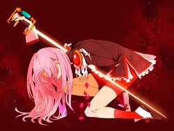  alternate_body_fluid arm_up ateka commentary_request female from_side full_body glowing glowing_sword glowing_weapon holding holding_sword holding_weapon impaled long_hair on_one_knee petals pink_hair red_legwear red_shorts shorts shoujo_kakumei_utena solo stab sword sword_of_dios tears tenjou_utena weapon 