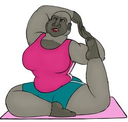  aggretsuko anthro ape big_breasts breasts brown_eyes clothed clothing director_gori feet female fur gorilla grey_body grey_fur haplorhine lipstick makeup mammal oystercatcher7 primate sanrio simple_background slightly_chubby solo thick_thighs white_background yoga 