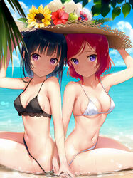  2girls alternate_costume arm_up armpit_peek beach bikini black_bikini blue_hair blunt_bangs blush breasts cleavage closed_mouth commentary_request cowboy_shot day flower from_side hand_on_headwear hat hat_flower holding_hands in-franchise_crossover lace lace-trimmed_bikini lace_trim long_hair looking_at_viewer love_live! love_live!_school_idol_project love_live!_sunshine!! medium_hair mignon multiple_girls navel nishikino_maki outdoors partially_submerged purple_eyes red_hair shared_hat short_hair side-tie_bikini_bottom sideboob sitting small_breasts smile stomach straw_hat sun_hat swimsuit tsushima_yoshiko underboob untied_bikini wet white_bikini 