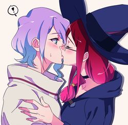  2girls blush choker cloak closed_eyes commentary_request croix_meridies eyebrows_visible_through_hair from_side glasses green_eyes half-closed_eyes hand_on_another&#039;s_shoulder hat hood hooded_cloak kissing little_witch_academia long_hair multiple_girls negom profile purple_hair red_hair short_hair side_ponytail simple_background spoilers surprise_kiss surprised sweatdrop thought_bubble upper_body ursula_charistes white_background witch witch_hat yuri 