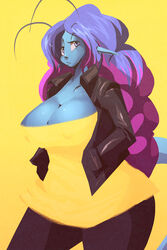  2:3 alien antennae_(anatomy) big_breasts blue_body blue_hair blue_skin breasts camo cleavage clothed clothing dress female hair half-closed_eyes highlights_(coloring) huge_breasts humanoid_pointy_ears jacket long_hair mirabelle narrowed_eyes not_furry purple_hair riendonut solo topwear wide_hips 