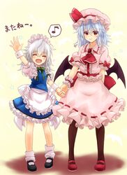  2girls age_switch aged_down aged_up apron ascot bat_(animal) bat_wings blue_hair blue_skirt braid brooch closed_eyes commentary_request dress eighth_note grey_hair hat hat_ribbon highres holding_hands izayoi_sakuya jewelry maid maid_headdress mary_janes mickey_dunn mob_cap multiple_girls musical_note open_mouth pantyhose pink_dress puffy_sleeves red_eyes remilia_scarlet ribbon sash shirt shoes short_sleeves skirt smile spoken_musical_note star_(symbol) touhou translated twin_braids waist_apron wings wrist_cuffs 