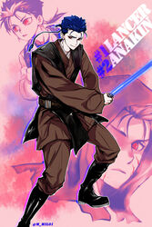  1boy aged_down aged_up anakin_skywalker anakin_skywalker_(cosplay) blue_hair braid commentary_request cosplay cu_chulainn_(fate) cu_chulainn_(fate/stay_night) energy_sword fate/stay_night fate_(series) fusion jedi lightsaber mil01 multiple_views photoshop_(medium) ponytail projected_inset red_eyes star_wars sword weapon 