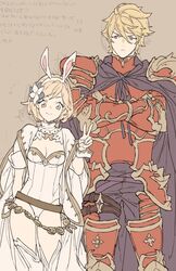  1boy armor blonde_hair commentary_request crossed_arms djeeta_(granblue_fantasy) female gawain_(granblue_fantasy) gen&#039;ya_(nharanor) granblue_fantasy protected_link sage_(granblue_fantasy) short_hair v 