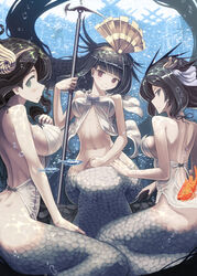  3girls air_bubble aqua_eyes back bad_id bad_nicoseiga_id bare_shoulders black_eyes black_hair blunt_bangs breasts bubble circlet dimples_of_venus fish floating_hair from_behind frown green_eyes hair_ornament halterneck hand_on_lap head_tilt highres holding holding_weapon large_breasts long_hair looking_at_viewer looking_back mermaid monster_girl multiple_girls original polearm red_eyes scales serious shoulder_blades sitting sleeveless smile tefec underwater very_long_hair weapon 