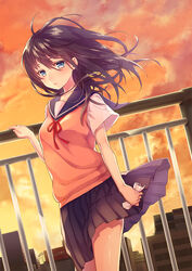  akariko black_hair blue_eyes blush building cloud commentary_request dutch_angle evening expressionless female holding holding_paper long_hair neck_ribbon original outdoors paper photoshop_(medium) pleated_skirt railing red_ribbon ribbon rooftop school_uniform serafuku short_sleeves skirt sky solo sunset sweater_vest wind 