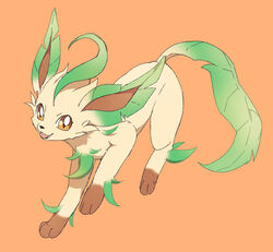  commentary_request leafeon matsuki_(mikipingpong) no_humans open_mouth orange_background pokemon pokemon_(creature) smile yellow_eyes 