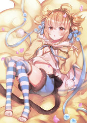  ahoge akariko andira_(granblue_fantasy) barefoot blonde_hair blue_ribbon blue_shorts blush breasts brown_eyes brown_hair cleavage commentary_request erune female full_body fur_trim granblue_fantasy hair_ribbon knees_together_feet_apart lying medium_breasts midriff monkey_tail navel on_back open_mouth petals pom_pom_(clothes) ribbon shirt shorts sleeves_past_wrists solo striped_clothes striped_thighhighs tail thighhighs toeless_legwear toes 