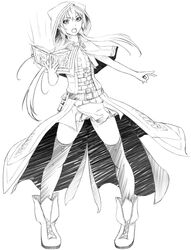  ayase_tamaki belt book commentary_request female flower_knight_girl full_body greyscale highres hood legs_apart line_art long_hair looking_at_viewer monochrome purple_tulip_(flower_knight_girl) shawl shoes skirt solo standing thighhighs twintails zettai_ryouiki 