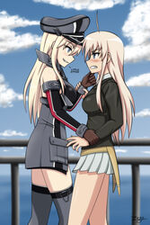  2girls ahoge angry bare_shoulders bismarck_(kancolle) blonde_hair blue_eyes blush breasts cloud commentary_request country_connection creator_connection crossover day elbow_gloves gloves grey_legwear hanna-justina_marseille hat height_difference kantai_collection large_breasts look-alike looking_at_another military military_uniform multiple_girls ocean skindentation skirt sky smile teeth thighhighs uniform witches_of_africa world_witches_series yuri zero_(73ro) 