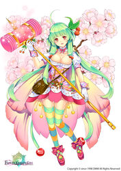  ahoge bag bow breasts brown_bag cherry_blossoms cherry_hair_ornament cherry_print choker city_forest_online cleavage copyright_name female flower flower_knight_girl food-themed_hair_ornament food_print full_body gloves green_hair hair_bobbles hair_ornament hammer holding holding_weapon large_breasts light_green_hair long_hair looking_at_viewer multicolored_clothes multicolored_legwear name_connection object_namesake official_art photoshop_(medium) pink_bow pink_flower pink_footwear red_eyes sakuranbo_(flower_knight_girl) shoes skirt smile solo standing striped_clothes striped_thighhighs tachi-e thighhighs weapon white_background white_gloves zettai_ryouiki 