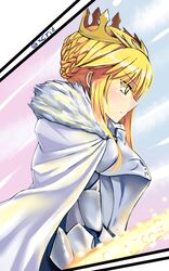  armor artoria_pendragon_(fate) artoria_pendragon_(lancer)_(fate) blonde_hair blush braid braided_bun breastplate cloak closed_mouth commentary_request crown energy_weapon expressionless fate/grand_order fate_(series) female from_side fur_trim glowing glowing_weapon green_eyes hair_bun half_updo highres i.f.s.f lion_king_(lancer)_(fate) rhongomyniad_(fate) short_hair sidelocks solo twitter_username weapon 