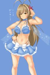  amagi_brilliant_park antenna_hair brown_eyes brown_hair commentary_request cosplay fairy_wings female finalcake highres long_hair midriff muse_(amaburi) muse_(amaburi)_(cosplay) navel sento_isuzu solo wings 