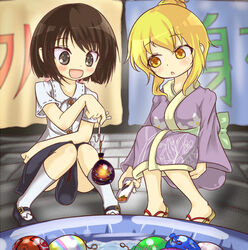  2girls alternate_hairstyle blonde_hair brown_eyes brown_hair cellphone commentary_request geta gplnbeat japanese_clothes kimono maribel_hearn multiple_girls open_mouth phone reflection touhou usami_renko water_yoyo yellow_eyes yo-yo_fishing yukata 