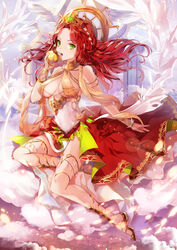  apple armlet armor bad_id bad_pixiv_id braid breasts cape cloud coin_(ornament) collar crown curly_hair dress emyo feathers female fishnets floating_hair flower flying food fringe_trim fruit full_body glint gold golden_apple greek_mythology green_eyes hair_flower hair_ornament hair_stick hera_(mythology) highres holding holding_food holding_fruit jewelry lens_flare light_particles long_hair looking_at_viewer medium_breasts o-ring o-ring_top open_mouth photoshop_(medium) pillar red_hair shawl sideboob signature sitting solo sparkle thighlet underboob vambraces waist_cape wavy_hair white_flower white_wings wind wings wrist_wings 