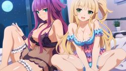  2girls :d bare_shoulders bed black_bra black_panties blunt_bangs blush bow bra breasts bridal_garter cleavage closed_mouth collarbone dutch_angle frills full_moon game_cg green_eyes hand_on_own_knee head_tilt indoors large_breasts long_hair looking_at_viewer moegihara_arisa moon multiple_girls night on_bed one_side_up open_mouth own_hands_together panties plant potted_plant purple_bow purple_hair sakura_nova setsuna_kaguya sitting sky smile spread_legs star_(sky) starry_sky underwear underwear_only v_arms very_long_hair wanaca white_bow 