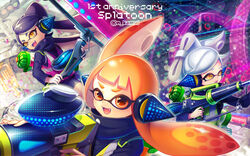  +_+ 3girls agent_3_(splatoon) anniversary artist_name bad_id bad_pixiv_id bike_shorts black_hair callie_(splatoon) commentary_request fangs headgear hero_charger_(splatoon) hero_roller_(splatoon) hero_shot_(splatoon) ink_tank_(splatoon) inkling inkling_girl inkling_player_character kamui_natsuki long_hair marie_(splatoon) mole mole_under_eye multiple_girls open_mouth orange_eyes orange_hair short_hair splatoon_(series) splatoon_1 squidbeak_splatoon symbol-shaped_pupils tentacle tentacle_hair thick_eyebrows white_hair yellow_eyes 