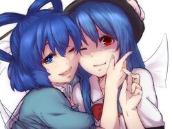  2girls blue_eyes blue_hair cheek-to-cheek commentary_request fingernails food fruit hair_ornament hair_rings hair_stick hand_on_another&#039;s_face hat heads_together hinanawi_tenshi kaku_seiga light_smile long_hair multiple_girls nail_polish one_eye_closed open_mouth peach red_eyes short_hair short_sleeves simple_background terimayo touhou upper_body white_background 