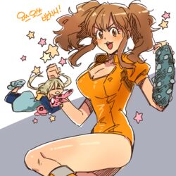  2girls :3 bad_id bad_pixiv_id blonde_hair blush breasts brown_eyes brown_hair cleavage closed_eyes cosplay curly_hair diane_(nanatsu_no_taizai) diane_(nanatsu_no_taizai)_(cosplay) drooling futaba_anzu gauntlets giant giantess hug hugging_object idolmaster idolmaster_cinderella_girls jolaeng-i king_(nanatsu_no_taizai) king_(nanatsu_no_taizai)_(cosplay) korean_text large_breasts leotard long_hair moroboshi_kirari multiple_girls nanatsu_no_taizai open_mouth orange_leotard pose saliva size_difference sleeping smile star_(symbol) stuffed_animal stuffed_rabbit stuffed_toy thighs twintails 