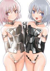  2girls :d bare_shoulders black_gloves blue_eyes blush breasts choker collarbone commentary_request cowboy_shot elbow_gloves frame_arms_girl gloves groin highres holding_hands interlocked_fingers looking_at_viewer materia_(frame_arms_girl) materia_kuro materia_shiro multiple_girls open_mouth panties pink_eyes pink_hair revealing_clothes shiba_nanasei short_hair siblings silver_hair simple_background small_breasts smile thighs twins underwear white_background white_gloves white_panties 