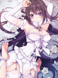  armpits bare_shoulders barefoot black_hair commentary_request dress feet female flower hair_ribbon long_hair looking_at_viewer lying on_back original purple_eyes ribbon rose soles solo thighhighs tomashuu white_flower white_rose 