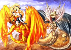  1boy armlet bare_shoulders blonde_hair bracelet breasts cape centauroid clothing_cutout cloud commentary_request dashinoya dragon_girl dragon_horns dragon_tail dragon_wings duel_monster elbow_gloves fake_horns female flying frown gloves harp helmet high_ponytail highres holding holding_instrument horn_(instrument) horned_helmet horns instrument jewelry king_dragun long_hair looking_at_another medium_breasts navel navel_cutout queen_dragun_djinn red_eyes smile tail taur wings yu-gi-oh! 