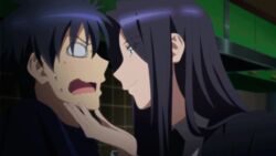  1boy animated animated black_hair blazer blush business_suit chin_grab clenched_teeth eye_contact female formal incipient_kiss kurusu_kimihito long_hair looking_at_another looking_at_viewer monster_musume_no_iru_nichijou ms._smith naughty_face neck necktie nervous o_o open_mouth short_hair shy smile standing suit sweat talking teeth upper_body wavy_mouth window yellow_eyes 