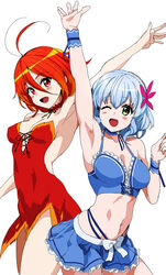  2girls :d ;d ahoge amagi_brilliant_park arm_up armpits blue_hair blush breasts cleavage commentary_request green_eyes looking_at_viewer medium_breasts midriff multiple_girls muse_(amaburi) navel oerba_yun_fang one_eye_closed open_mouth orange_hair red_eyes ruuto_(sorufu) salama_(amaburi) simple_background skirt smile white_background 