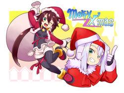  2girls aile_(mega_man_zx) ashe_(mega_man) brown_hair commentary_request fur_trim gloves green_eyes hat mega_man_(series) mega_man_zx mega_man_zx_advent merry_christmas multiple_girls one_eye_closed ponytail santa_costume santa_hat shigehiro_(hiroi_heya) short_shorts shorts silver_hair 