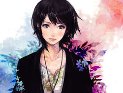  black_hair blue_eyes commentary female flower jewelry mole necklace original photoshop_(medium) shigureteki short_hair smile solo upper_body 