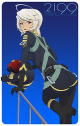  ahoge ass bodysuit breasts dark-skinned_female dark_skin female looking_at_viewer oprince photoshop_(medium) pilot_suit red_eyes science_fiction short_hair solo uchuu_senkan_yamato uchuu_senkan_yamato_2199 white_hair yamamoto_akira 