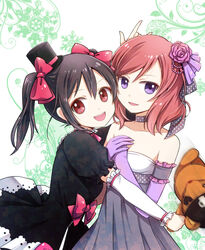  2girls :d \m/ arm_garter black_dress black_hair black_hat bow breasts choker cleavage collarbone commentary_request detached_sleeves dress elbow_gloves flower frilled_sleeves frills gloves hair_between_eyes hair_flower hair_ornament hairbow hands_on_own_chest hat hirako holding holding_stuffed_toy long_hair looking_at_viewer love_live! love_live!_school_idol_project mini_hat multiple_girls nishikino_maki open_mouth own_hands_together painttool_sai_(medium) polka_dot_choker purple_eyes purple_flower purple_gloves red_bow red_eyes red_hair short_sleeves sleeveless sleeveless_dress small_breasts smile strapless strapless_dress stuffed_animal stuffed_toy teddy_bear twintails white_background yazawa_nico 