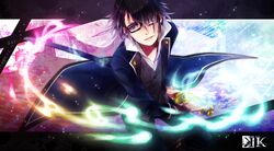  1boy black-framed_eyewear black_hair commentary_request copyright_name dress_shirt fushimi_saruhiko glasses grey_shirt hair_over_one_eye holding holding_sword holding_weapon k-project looking_at_viewer male_focus parted_lips ro_ro sheath shirt solo standing sword unsheathing weapon 