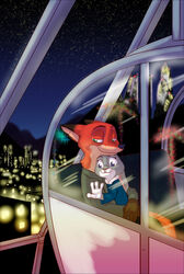  2017 akiric amusement_ride anthro canid canine city cityscape clothed clothing colored detailed_background disney duo female ferris_wheel fox hug judy_hopps lagomorph leporid male mammal nick_wilde night on_lap rabbit red_fox romantic romantic_ambiance romantic_couple sitting sitting_on_lap sky smile star starry_sky true_fox window zootopia 