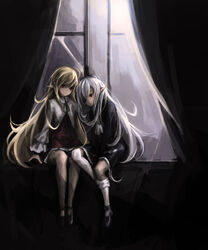  2girls :/ absurdres bad_id bad_pixiv_id black_footwear blonde_hair curtains frown grey_hair gyup highres kneehighs long_hair long_sleeves mary_janes multiple_girls original photoshop_(medium) pointy_ears red_eyes shoes sitting socks very_long_hair white_legwear window 