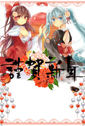  2girls aqua_eyes aqua_hair bad_id bad_pixiv_id bow brown_hair detached_sleeves floral_print flower gyroscope hair_flower hair_ornament hair_ribbon hair_tubes hairbow hakama hakama_skirt hakurei_reimu happy_new_year hatsune_miku highres holding_hands japanese_clothes kimono lantern long_hair long_sleeves looking_at_viewer looking_back moko_(mokochisa) multiple_girls new_year red_eyes ribbon sash skirt smile touhou twintails very_long_hair vocaloid wide_sleeves 