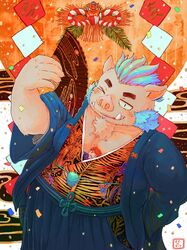  2019 anthro blue_hair buta5kawa chinese_zodiac clothed clothing folding_fan ganglie_(tas) hair hamuga86 hi_res holidays humanoid_hands lifewonders male mammal mohawk new_year one_eye_closed overweight overweight_anthro overweight_male solo suid suina sus_(pig) tokyo_afterschool_summoners tusks wild_boar wink year_of_the_pig 