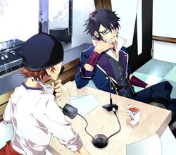  2boys black-framed_eyewear black_hair black_pants bonnet brown_hair checkered_floor collarbone commentary_request crossed_legs fushimi_saruhiko glasses grin hair_between_eyes headphones headphones_around_neck highres k-project male_focus microphone multiple_boys pants shirt smile white_shirt yata_misaki yukibana 