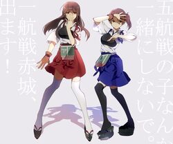  2girls akagi_(kancolle) bad_id bad_pixiv_id brown_eyes brown_hair gloves hakama hakama_short_skirt hakama_skirt japanese_clothes jojo_no_kimyou_na_bouken jojo_pose kaga_(kancolle) kantai_collection long_hair multiple_girls muneate partially_fingerless_gloves short_hair side_ponytail skirt standing tasuki thighhighs translated white_legwear yarawi yugake 