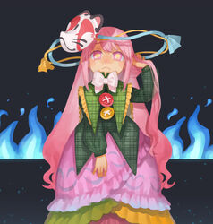  absurdres adapted_costume alternate_costume bad_id bad_pixiv_id blue_fire bow bowtie buttons female fire fox_mask hata_no_kokoro highres long_hair long_sleeves looking_at_viewer mask noh_mask pink_eyes pink_hair plaid plaid_shirt shirt skirt solo touhou yai_(hachihito) 